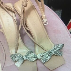 Primark Beige Heels with Glittering Silver Bow